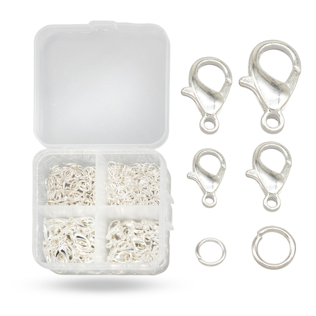 Набір 230 шт Застібки Карабін-лобстер і сполучні кільця, Колір Срібло, Карабін 10 мм/12 мм/14 мм/16 мм, фото 1
