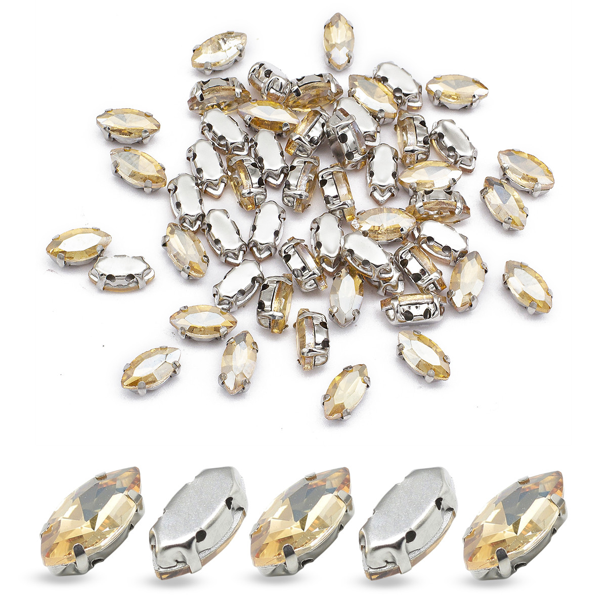 Пришивні Стрази Скляні Гірський Кришталь Кінське око, Основа Латунь Колір Платина, Блідо-Золотистий, 50 шт, фото 1