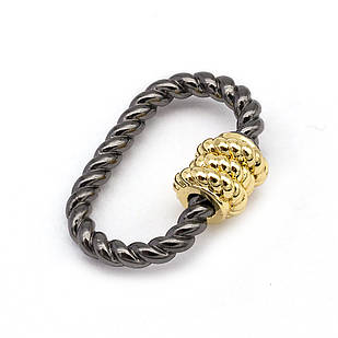 Карабін із Латуні, Овал, Чорний + Покриття Золотим, Розмір: 15x10x1.4мм, Гвинт 4x4.5мм, (1шт)