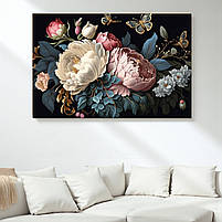 Картина «Півонії та метелики» Розкішні квіти на темному фоні Сучасний настінний декор Друк на полотні 60х46 см, фото 3