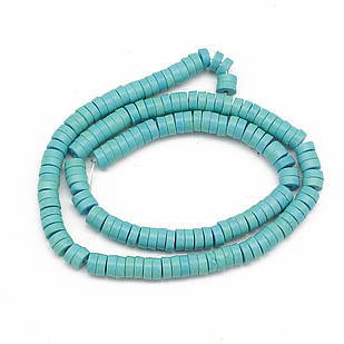 Бусини Синтетична Бірюза, пофарбовані, На нитках, Круглі Плоскі, Бірюзовий, 6х3мм, 1 нить