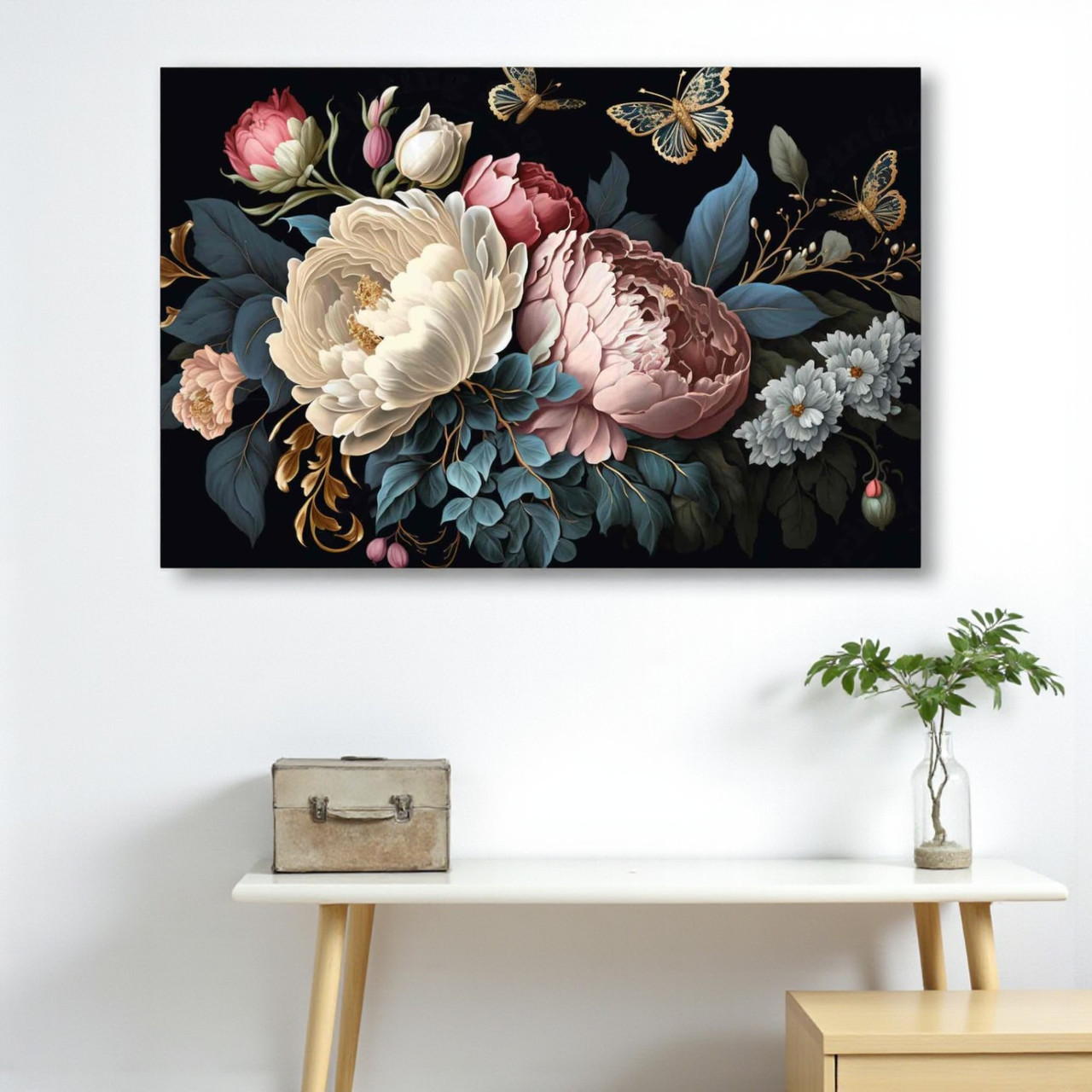 Картина «Півонії та метелики» Розкішні квіти на темному фоні Сучасний настінний декор Друк на полотні 60х46 см, фото 1