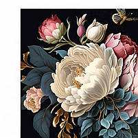Картина «Півонії та метелики» Розкішні квіти на темному фоні Сучасний настінний декор Друк на полотні 60х46 см, фото 5