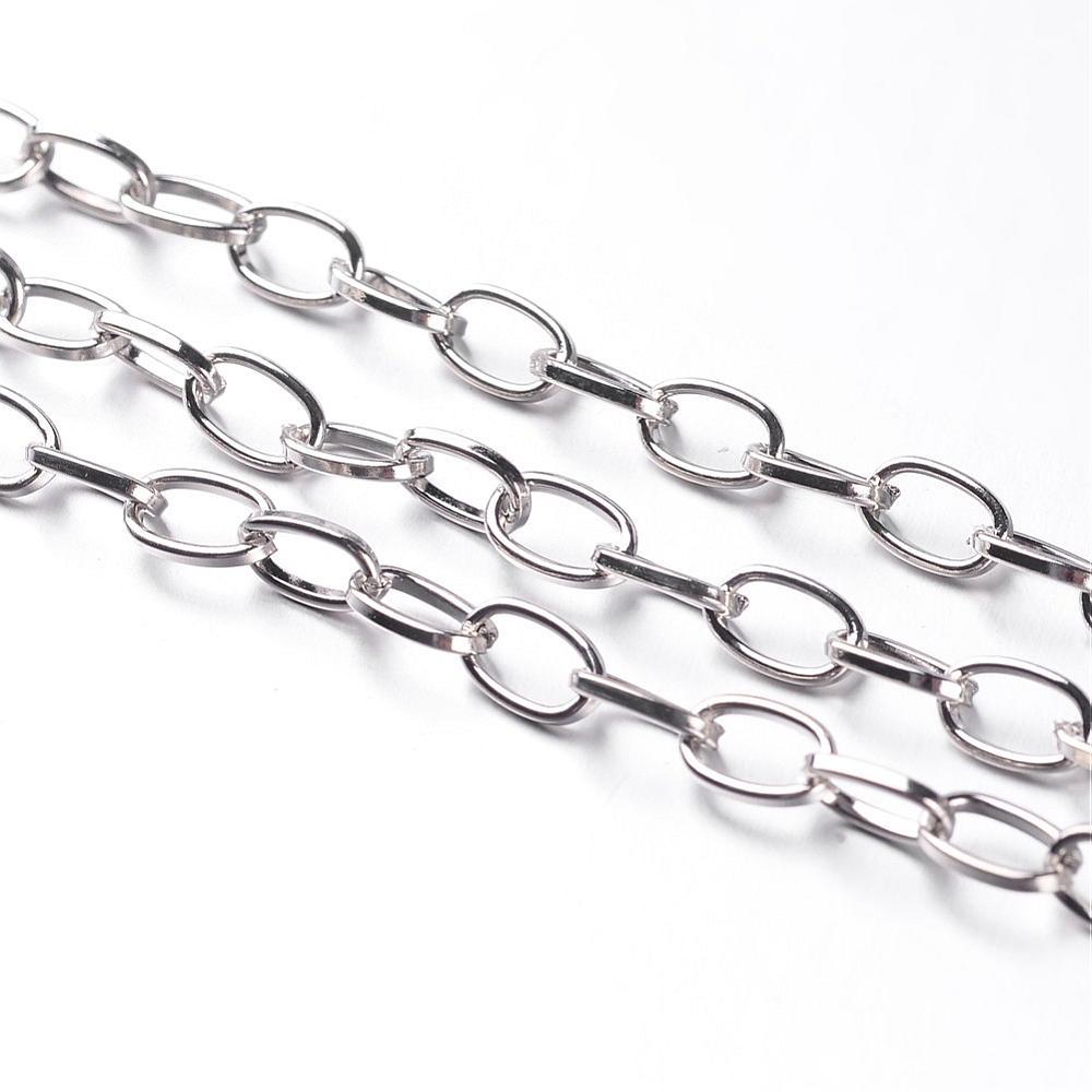 Ланцюг Якісне Плетіння, Залізо, Плоскр-овальна, Непаяна, Колір: Платина, Дзвено: 6.9х3.8х0.9мм, 5 м, фото 1