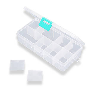 Контейнер для Бісера та Бусин, Пластик, Прямокутний, на 10 Відсіків, Колір: Білий, Розмір: 13.5x7x3см, 1 шт