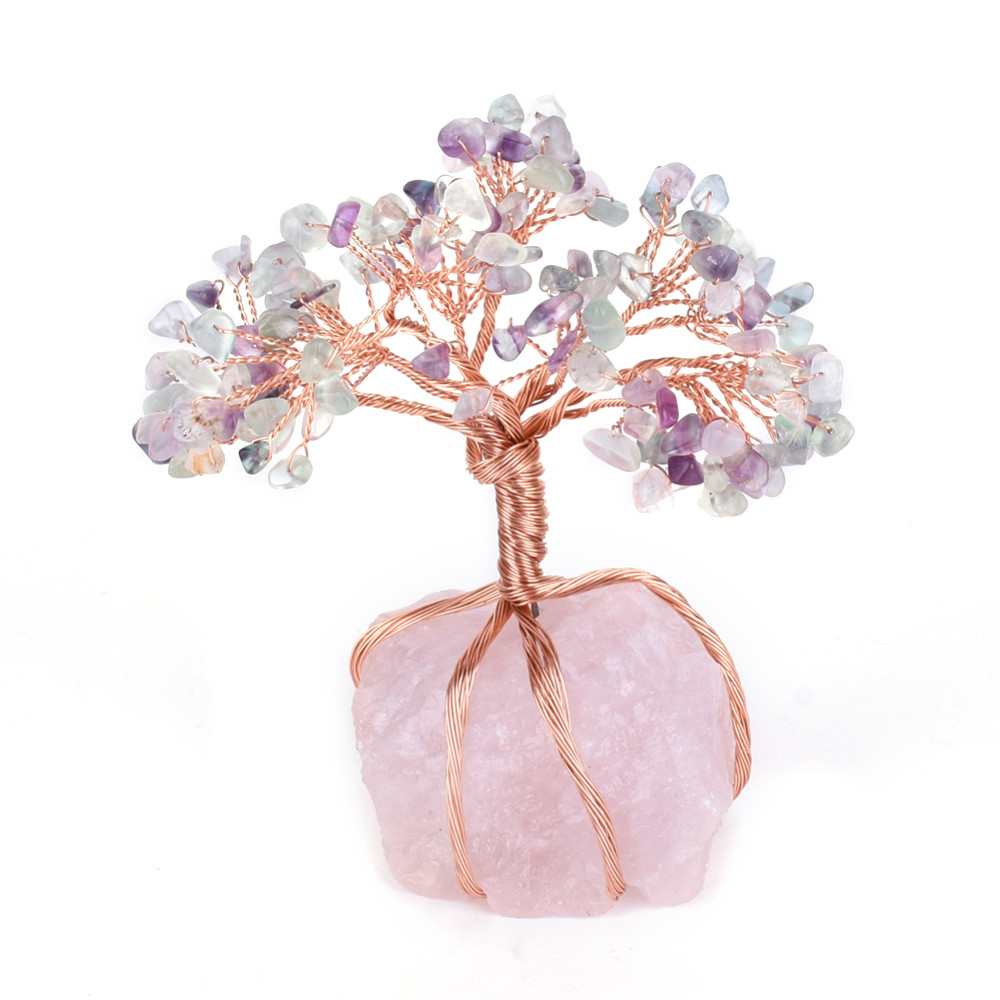 Декоративне дерево Удачі з натурального Флюориту та Рожевого Кварца з Алюм. Дротом, Рожеве Золото, 1 шт, фото 1