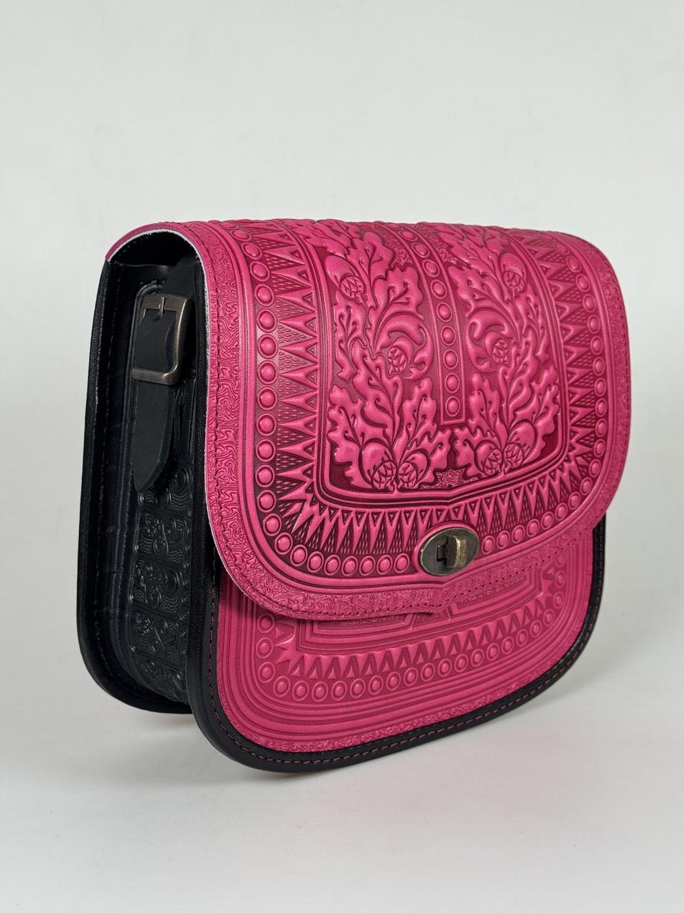 Жіноча велика шкіряна сумка ручної роботи "Дубок" рожева, ексклюзивна карпатська сумка з тисненої шкіри, фото 1