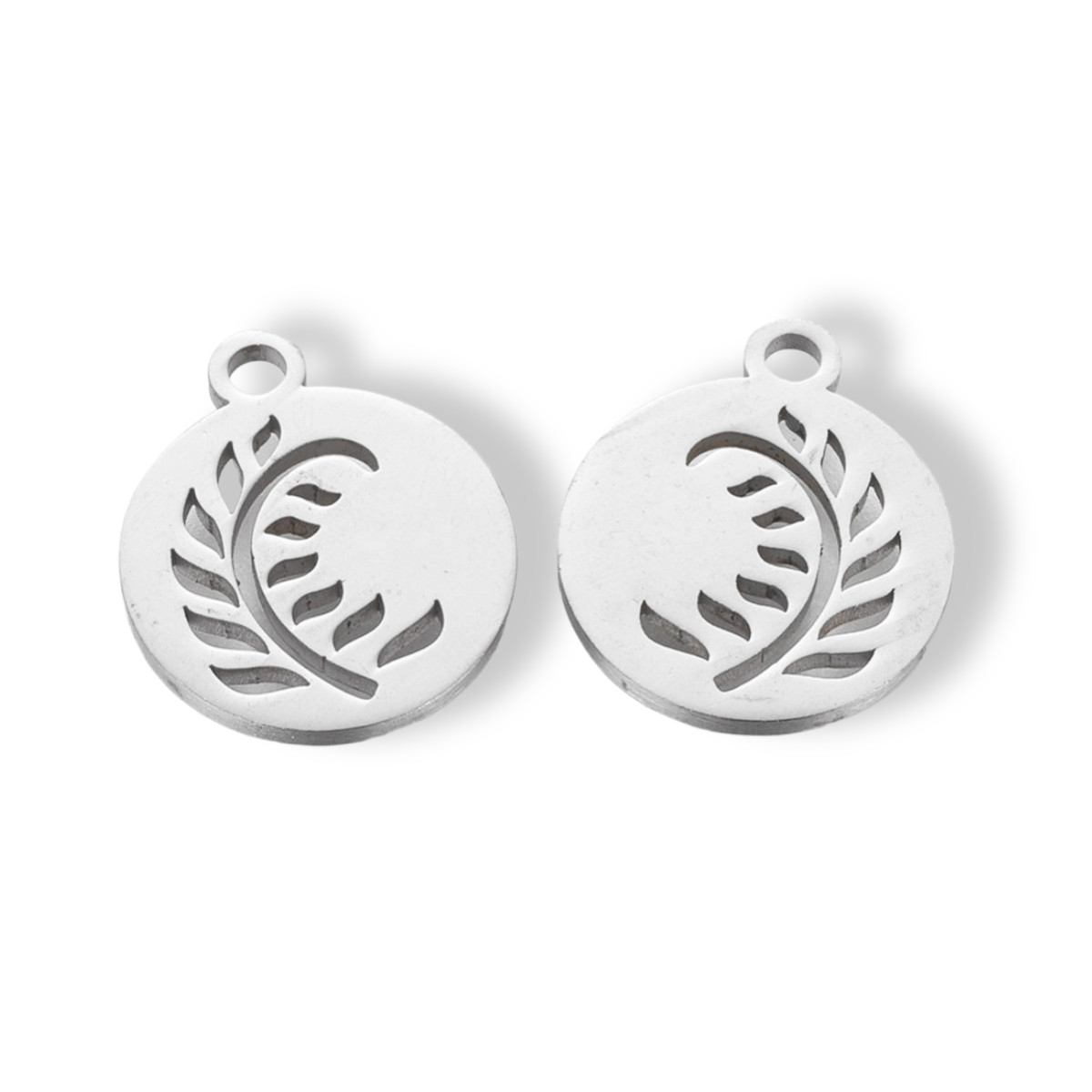 Кулон Круглий з Листом, Плоский, Неіржавка сталь, Розмір: 14х12х1мм, Отвір 1.5 мм, 2 шт, фото 1