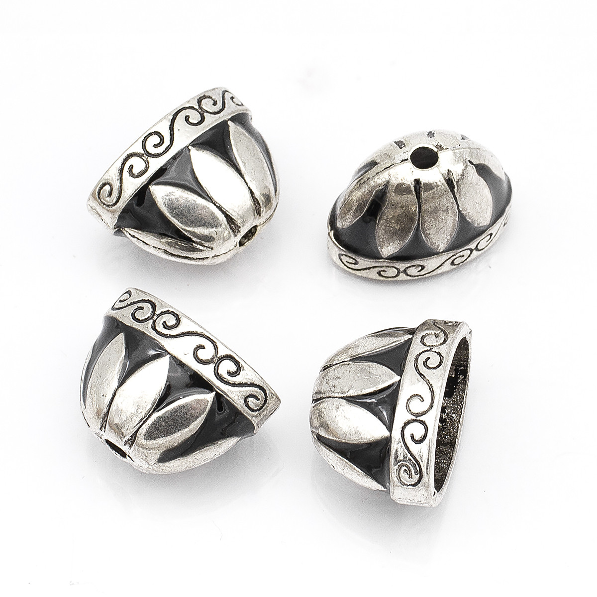 Конус Шапочки для Бусин, Сплав і Емаль, Колір: Античне Срібло + Чорний, Розмір: 14х20х12мм, Отвірі 2.5 мм, фото 1