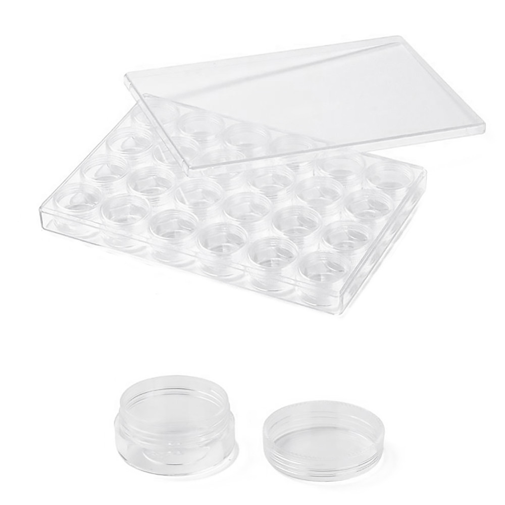 Контейнер із Баночками для Бісера, Пластик, Безбарвний, Контейнер 24x16x2.7 см, Баночка: 4x2см, Об'єм 10 мл, фото 1