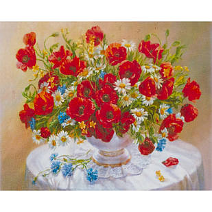 Алмазна мозаїка за номерами Червоні квіти на столі в рулоні, стрази. 30*40 см, 1 шт