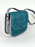 Авторська шкіряна сумка жіноча "Дубок" ручної роботи, сумка етнічна карпатська бірюзово-сіра, фото 2