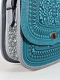 Авторська шкіряна сумка жіноча "Дубок" ручної роботи, сумка етнічна карпатська бірюзово-сіра, фото 3