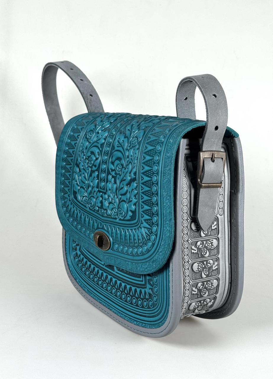 Авторська шкіряна сумка жіноча "Дубок" ручної роботи, сумка етнічна карпатська бірюзово-сіра, фото 1