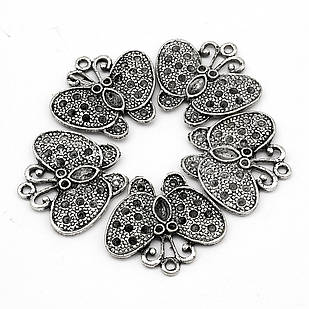 Кулон-Сеттинг Метелик, під стрази, Метал, Античне Срібло, 25х23х2мм, Відв. 2 мм, 5 шт
