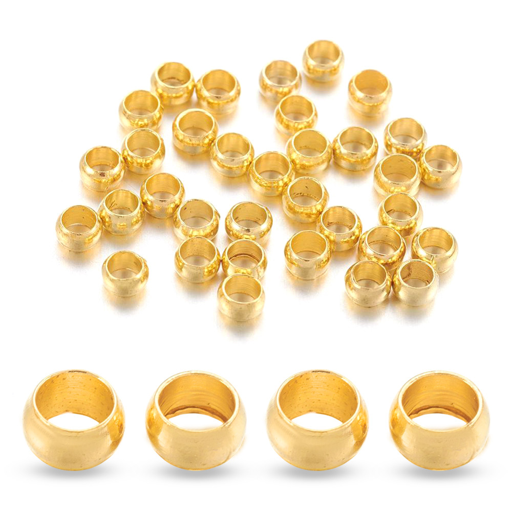 Бусини затискні Стопери, Кримпи, Латунь, Рондель, Колір: Золото, Розмір: 2x3мм, Отвір 2 мм, 5 г/приблизно 140 шт, фото 1