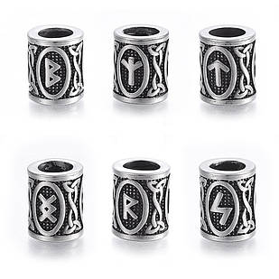 Бусини Скандинавські Руни Вікінгів, Неіржавка сталь, Колір: Античне Срібло, 16х13мм, Отв-тіє 8 мм, (6 шт.)