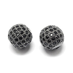 Бусини Латунь з Фіанітами, Круглі, Стійке Покриття Зоряна сталь, Колір фіанітів: Чорний, Розмір: 9.5-10х9-9.5мм, Отвірі