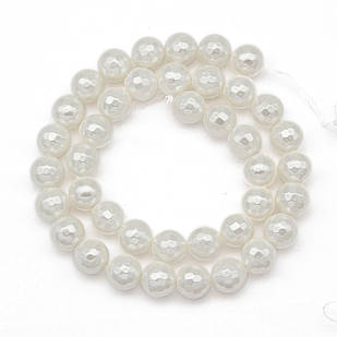Перли Shell Pearl, Круглі, Гранені, Білі, 10мм, Отвір 0.8-1мм, ~ 41шт/40см/нитка, 1 нить