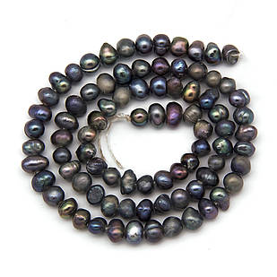 Перли Натуральний Пресноводний, Круглий, Сіро-синій, 4-6x4-5 мм, Отв-тіє 0.6-0.7мм, приблизно 64 шт./32см/нитка