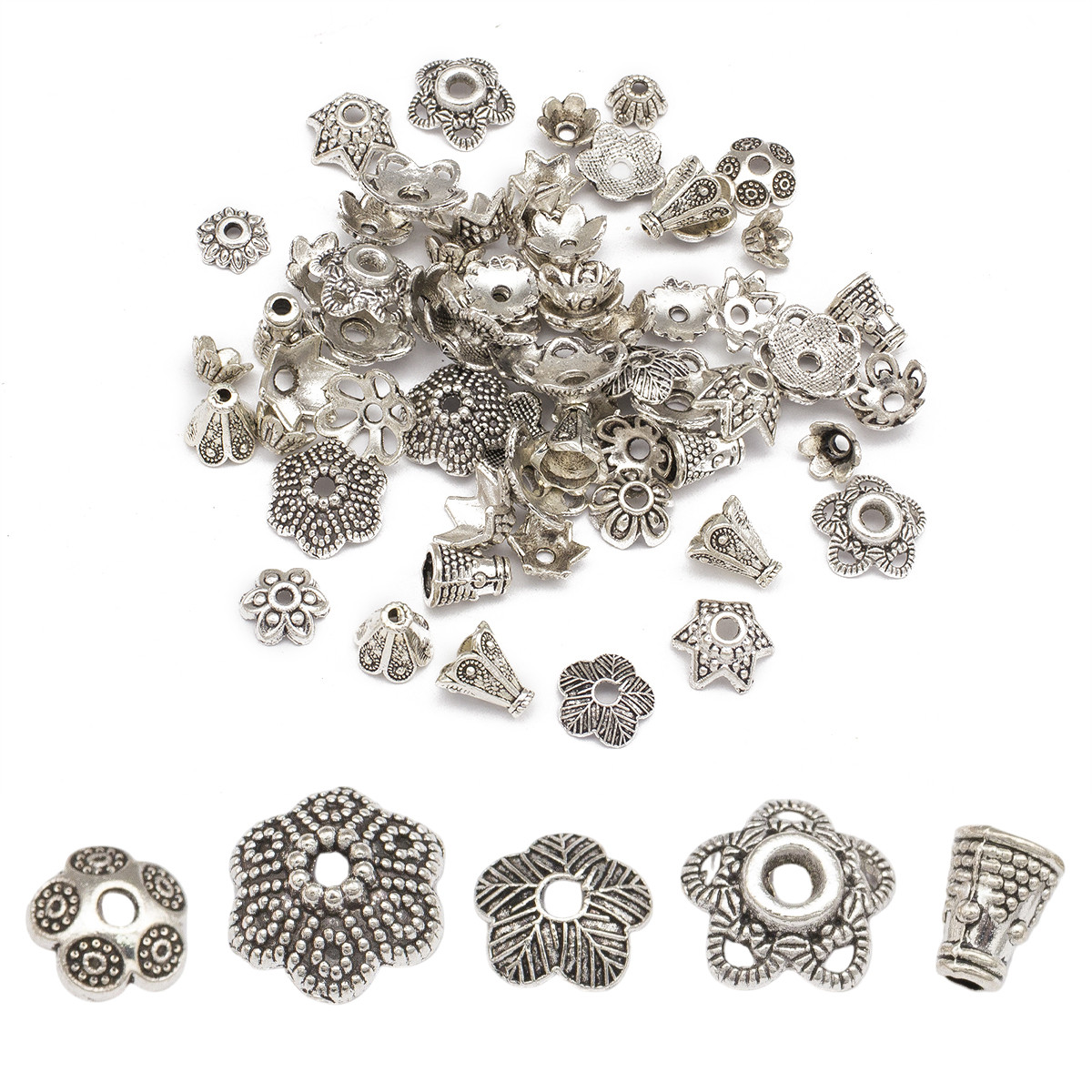 Конус Шапочки для Бусин Мікс, Античне Срібло, 5~30x3~12 мм, Отвір 1~2.5 мм, приблизно 38 шт./20г, фото 1