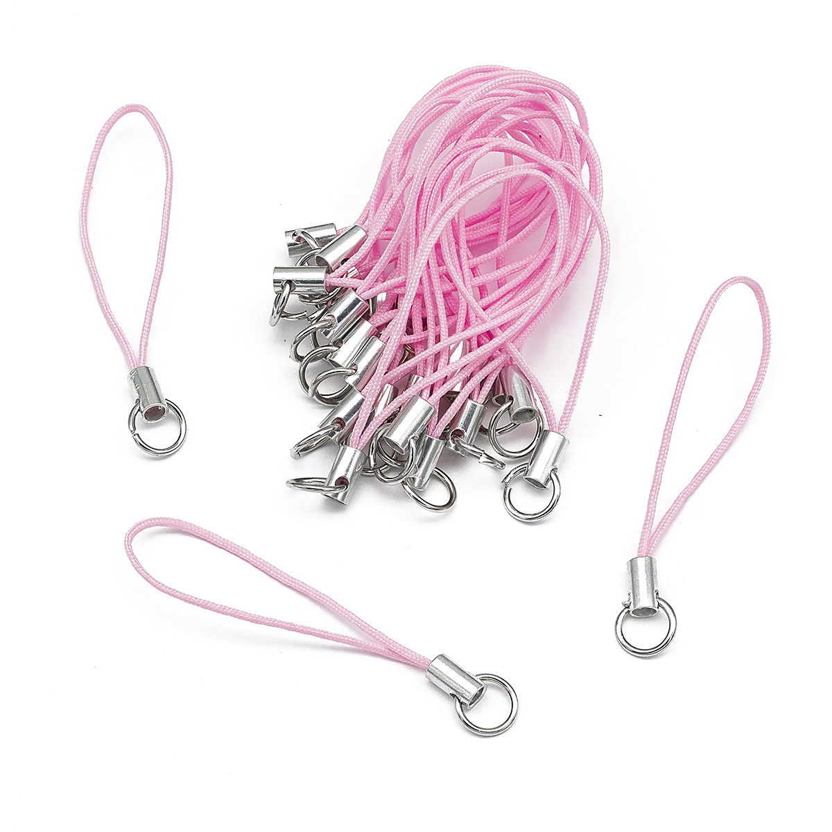 Шнур із петлею Нейлон і Латунь, для Брелків, мобільних, Прикрасень та ін., Колір: Рожевий, Довжина 60 мм, Кільце 8 мм, фото 1