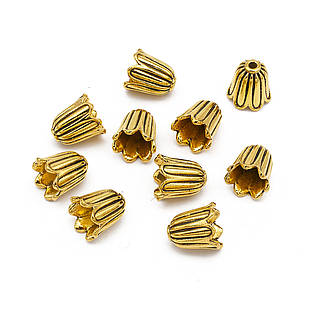 Конус Шапочки для Бусин, Металеві, Квітка, Античне Золото, 10х10 мм, Отвір 1 мм, 10 шт