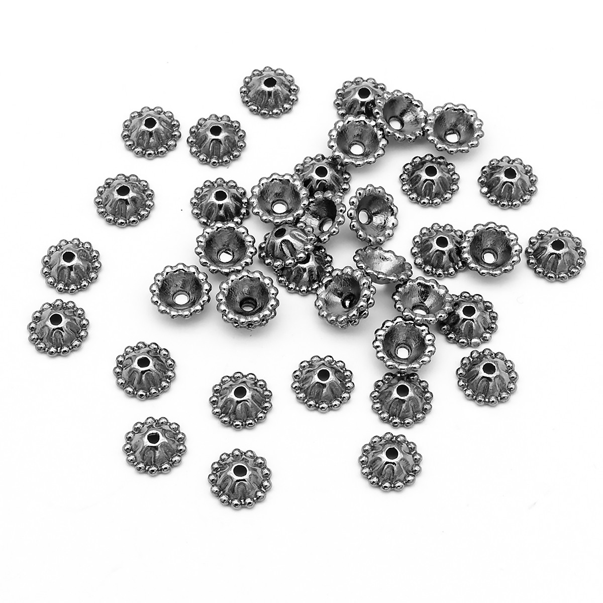 Шапочки для Бусин зі Сплава, Квітка, Колір: Збройова сталь, Розмір 8х3мм, Отвір 1 мм, 40 шт, фото 1