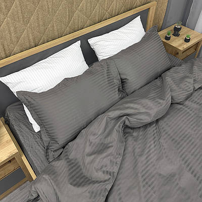 Комплект постільної білизни Страйп-сатин Двоспальний 180х220 з простирадлом на резинці 160х200х25 Темно-сірий (88-177)