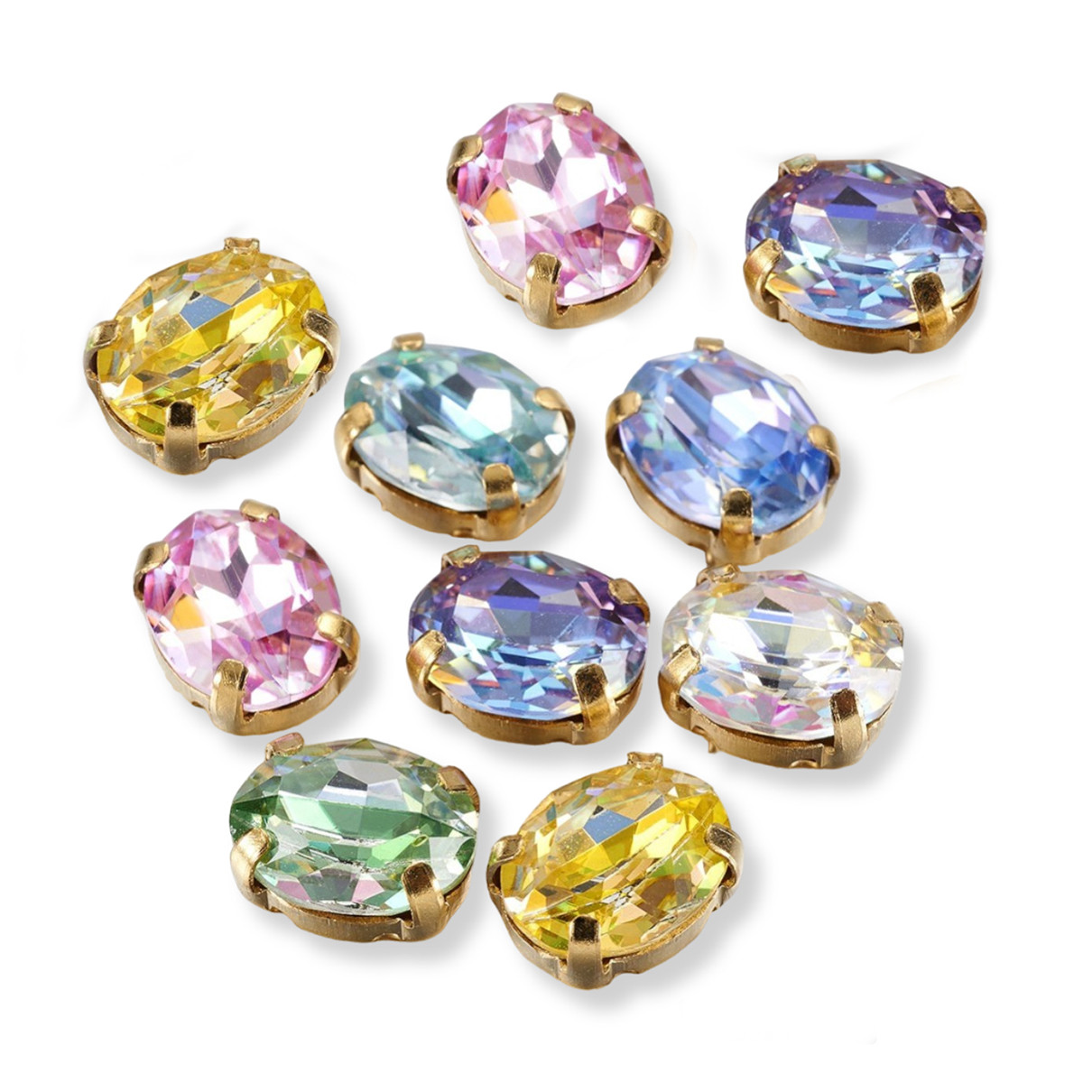Пришивні Стрази Скло, імітація хруста, Основа Латунь, Овальні, Грані, Колір: Мікс, Розмір: 10x8x5мм, 10 шт, фото 1