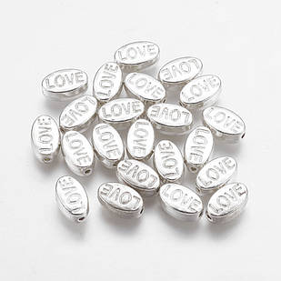 Бусини Металеві, Love, Овал, Срібло, 10х6х4мм, Відв-тіє: 1 мм, 10 шт