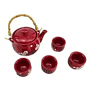 Чайний набір керамічний «Сакура», червоний, чайник 620 мл + 4 чашки 40 мл, фото 9