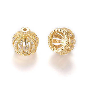 Бусини Латунь із Фіанітами, Корона, Колір: Золото, Розмір: 13х14мм, Отвір 1.5 мм, Внутрішній діаметр 9 мм