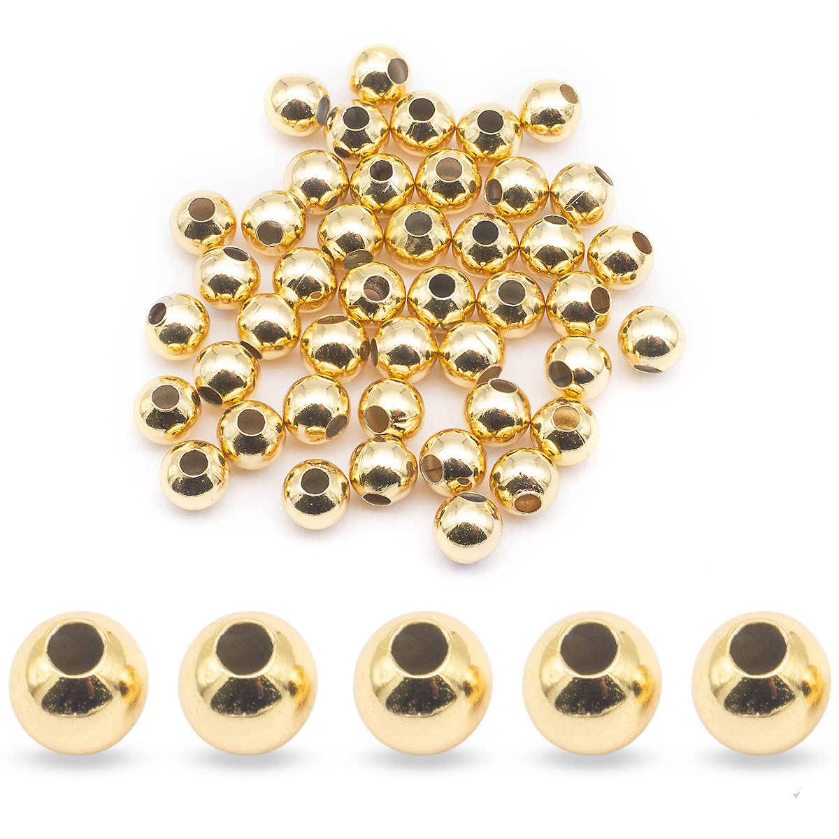 Бусини, Латунь, Круглі, Покриття Золото 18К, Розмір: 4 мм, Отвір 1.2 мм, 50 шт, фото 1