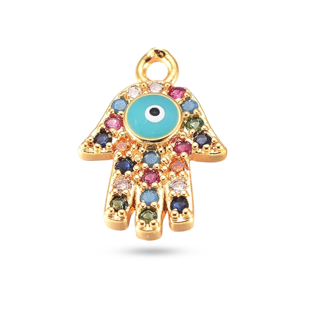 Підвіски Рука Хамси, Латунь, Емаль і Фіаніти, Колір металу: Золото, Колір фіанітів: Мікс, Розмір: 14х10х2мм, фото 1