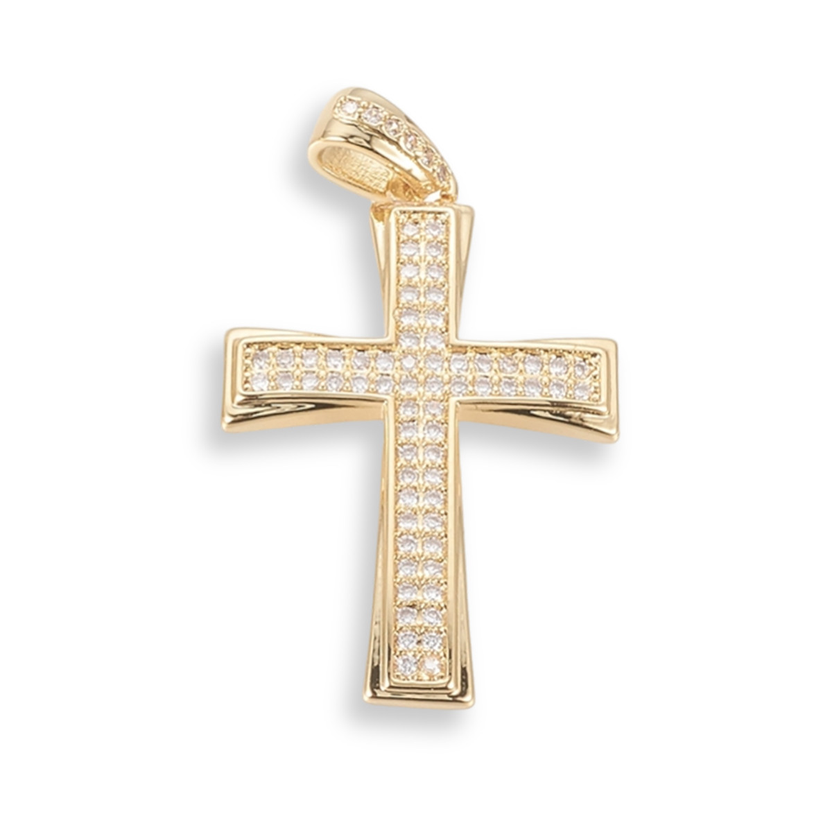 Підвіска Латунь, Хрест із Фіанітами, Стійке Покриття Золото 18К, Розмір: 30.5х20.5х2.5 мм, Отвір 3х5 мм, 1 шт, фото 1
