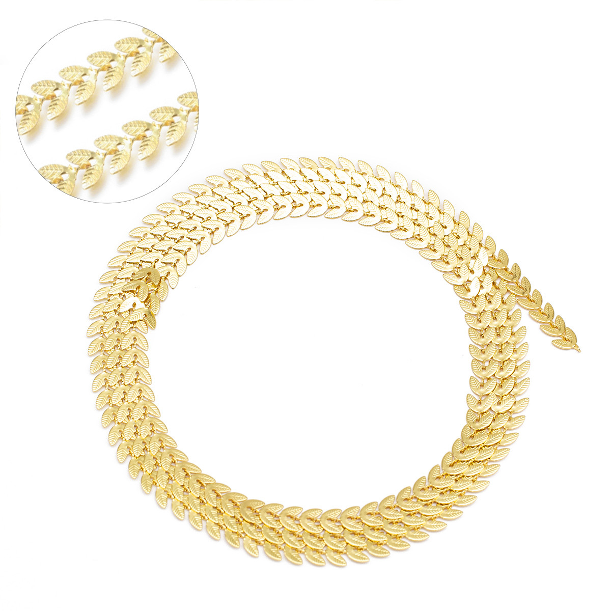 Ланцюг Латунь Ручна Робота, Паяна, Листя, Стійке Покрите Золото 18К, Розмір: 7х6х0.5мм, 1 м, фото 1