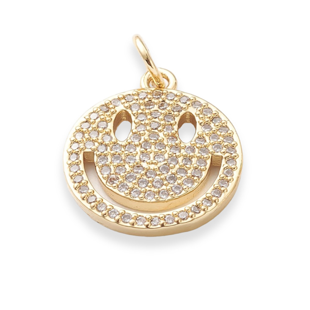 Підвіска Латунь, Смайл із Фіанітами, Плоскі Круглі, Покриття Золото 18К, Розмір: 17х14.5х1.5мм, 1 шт, фото 1