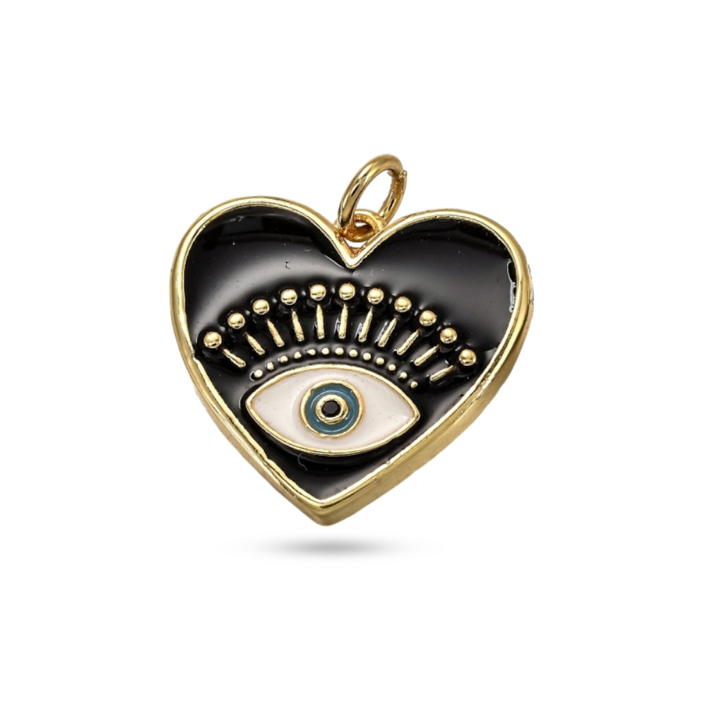 Підвіска Серце з Глазом, Латунь, Емаль і Фіаніти, Покриття Золото 18К, Колір: Чорний, Розмір: 18х19х2.4мм, фото 1