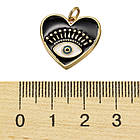 Підвіска Серце з Глазом, Латунь, Емаль і Фіаніти, Покриття Золото 18К, Колір: Чорний, Розмір: 18х19х2.4мм, фото 3