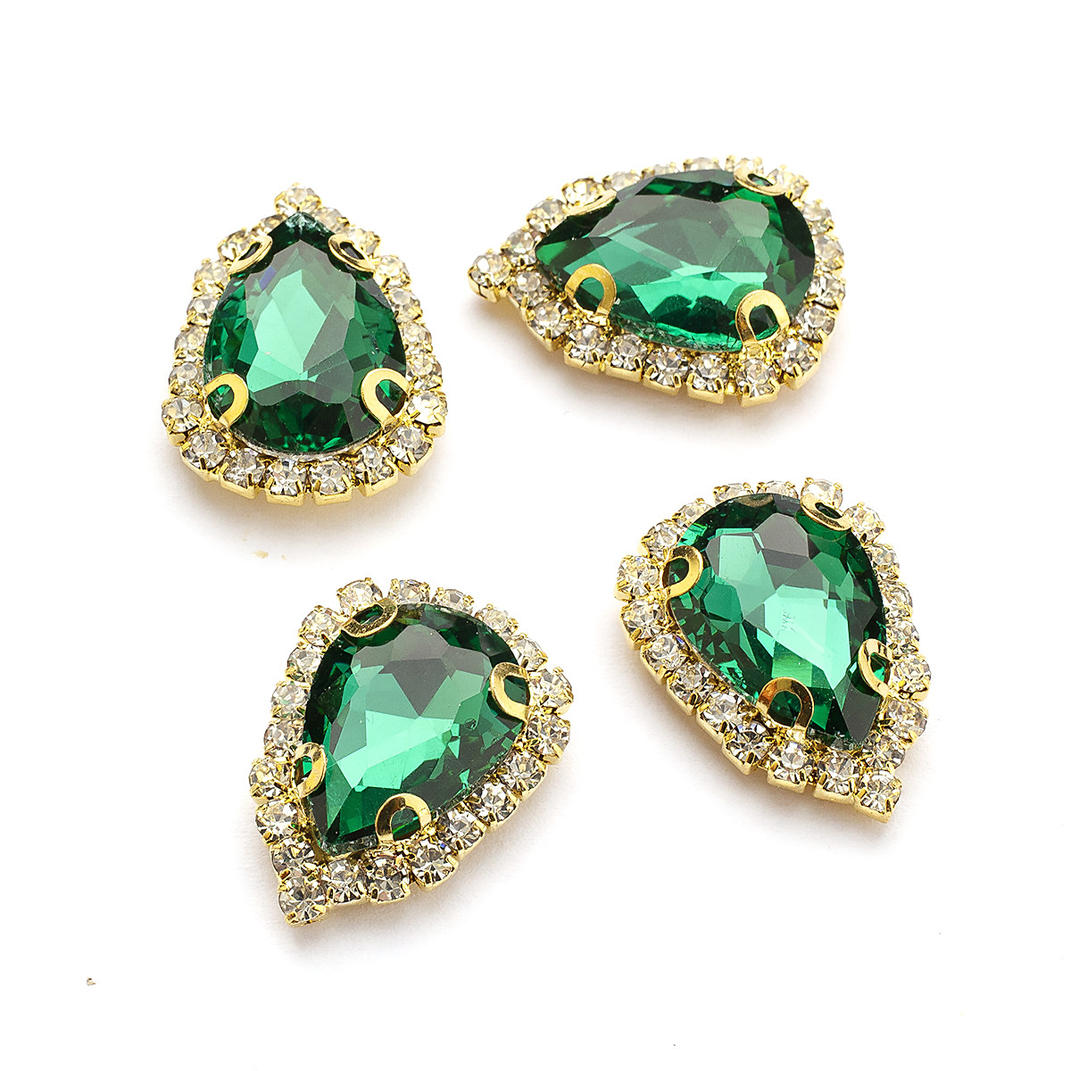 Пришивні стрази, Скло Гірський Кришталь, Основа Латунь, Крапля, Смарагд, Розмір: 19х14.5х7мм, Відв. 1 мм, 4 шт, фото 1