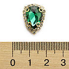 Пришивні стрази, Скло Гірський Кришталь, Основа Латунь, Крапля, Смарагд, Розмір: 19х14.5х7мм, Відв. 1 мм, 4 шт, фото 2