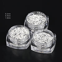 Блестки для Дизайна Ногтей Голографические, Размер: 0.2~1мм, Цвет: Серебро, около 5г/баночка, 1 баночка