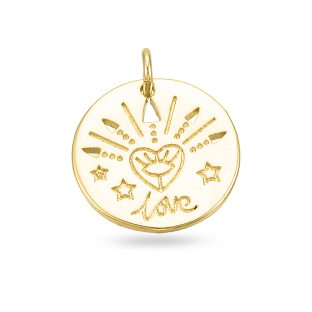 Кулон, Латунь, Плоский Круглий зі словом Love, Покриття Золото 16К, Розмір: 16х1.5мм, Отвір 3 мм, 1 шт, фото 1