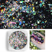 Блестки для Дизайна Ногтей, Зеркальные, Размер: Микс, Цвет: Хамелеон, Баночка 30мм, 1 баночка