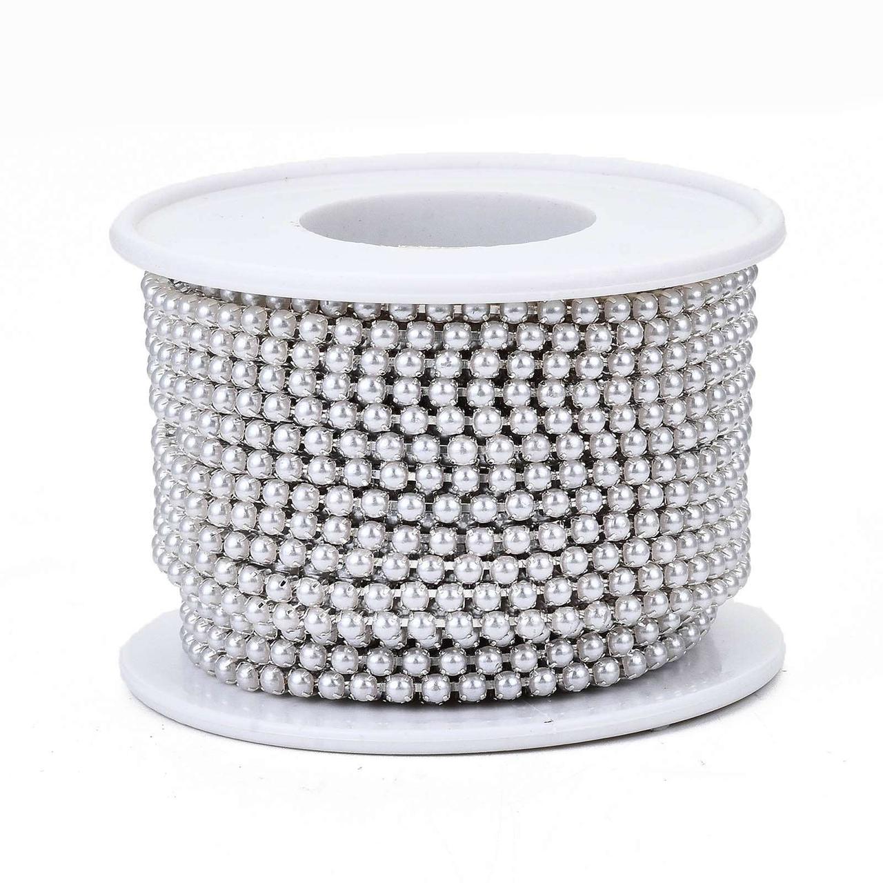 Ланцюг Латунь, з Бусинами Перли з АБС-пластику, Колір: Срібло, Ширина 2.4-2.5мм, 9 м/котушка, 1 катушка, фото 1