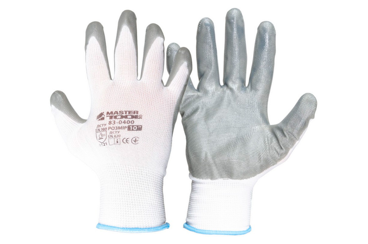 Рукавички Mastertool з нітриловим покриттям 10" (біло-сірі) (83-0400) (12 шт.), фото 1