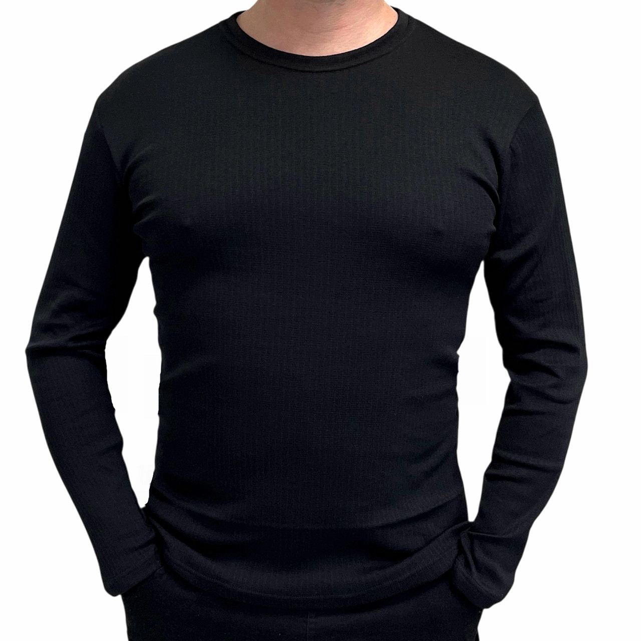 Зимовий чоловічий лонгслів термо кофта базова бавовна рубчик з флісовим начосом Чорний, фото 1
