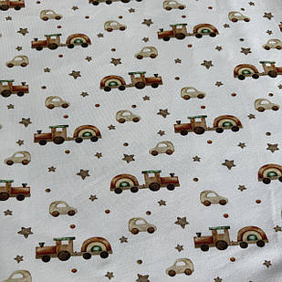 Відріз двонитки іграшкові поїзди на кремовому фоні