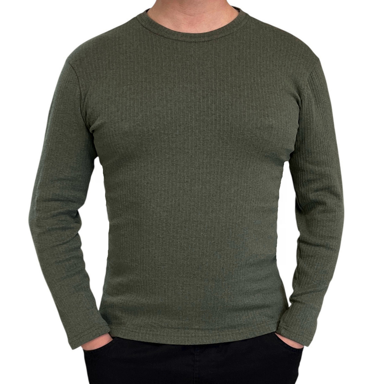 Зимовий чоловічий лонгслів термо кофта бавовна базова рубчик з флісовим начосом Хакі, фото 1